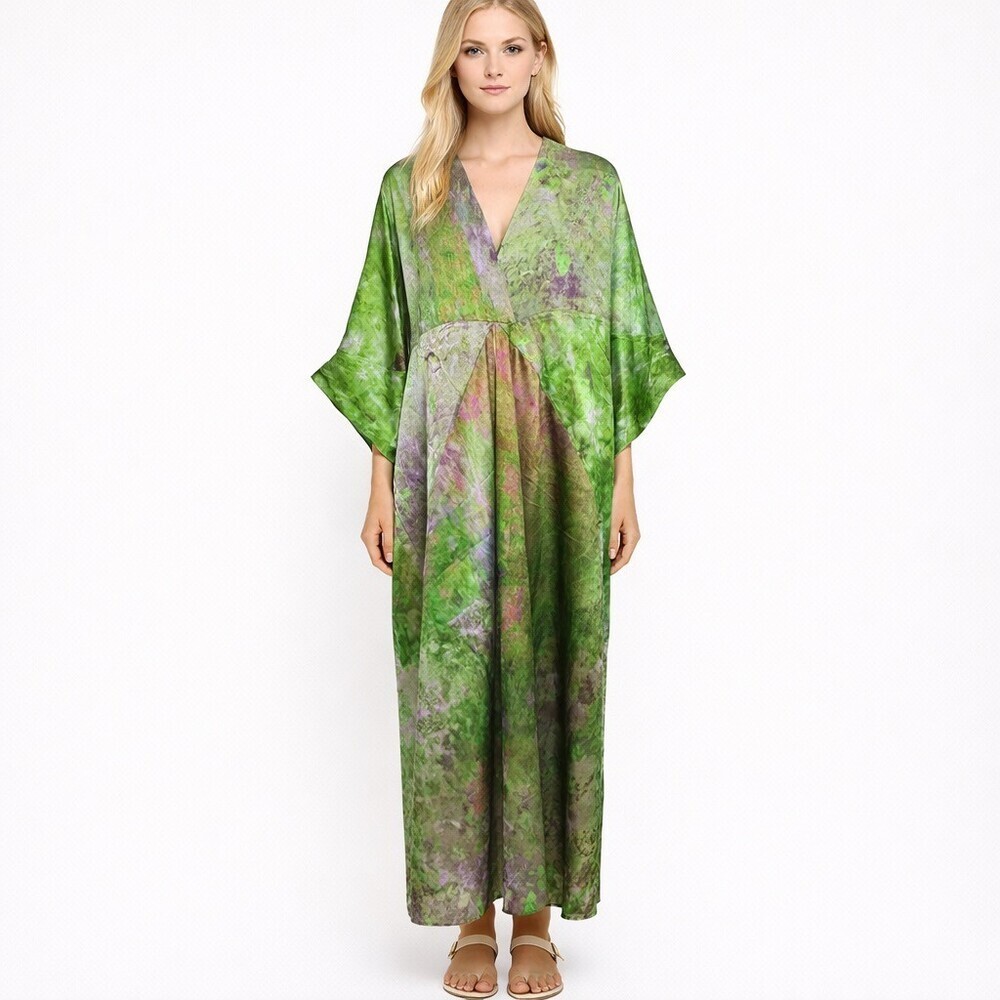 Carmen Molina 100% Silk V-Neck Caftan Maxi Dress Green Purple Abstract Size S/M